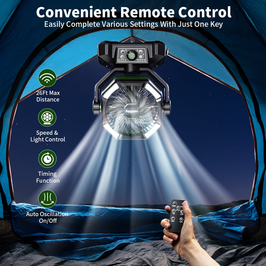 Portable Camping Fan with LED Lights, Dual Motors, 8 Speeds & Remote Control – 20000mAh Rechargeable Tent Fan with Hook for Outdoor Use