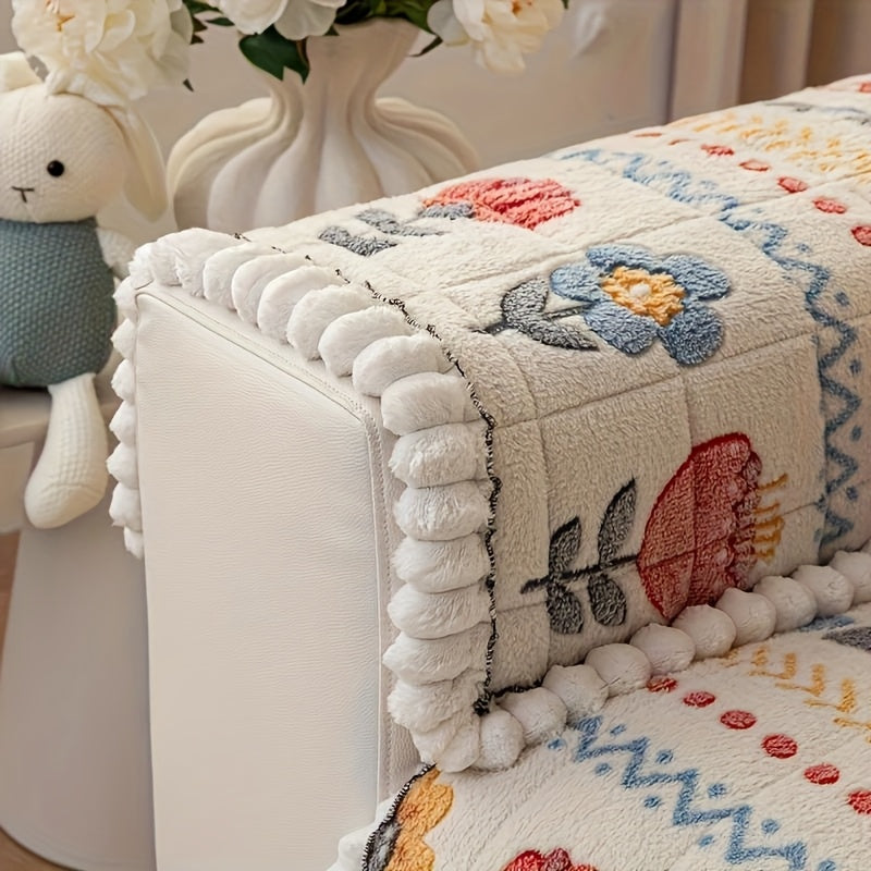 Bohemian Floral Plush Sofa Cover Thick Milk Fleece Quilted Couch Protector with Decorative Pillow Covers – Machine Washable Warm Cozy Cover for 1-4 Seater Sofa, Living Room Decor