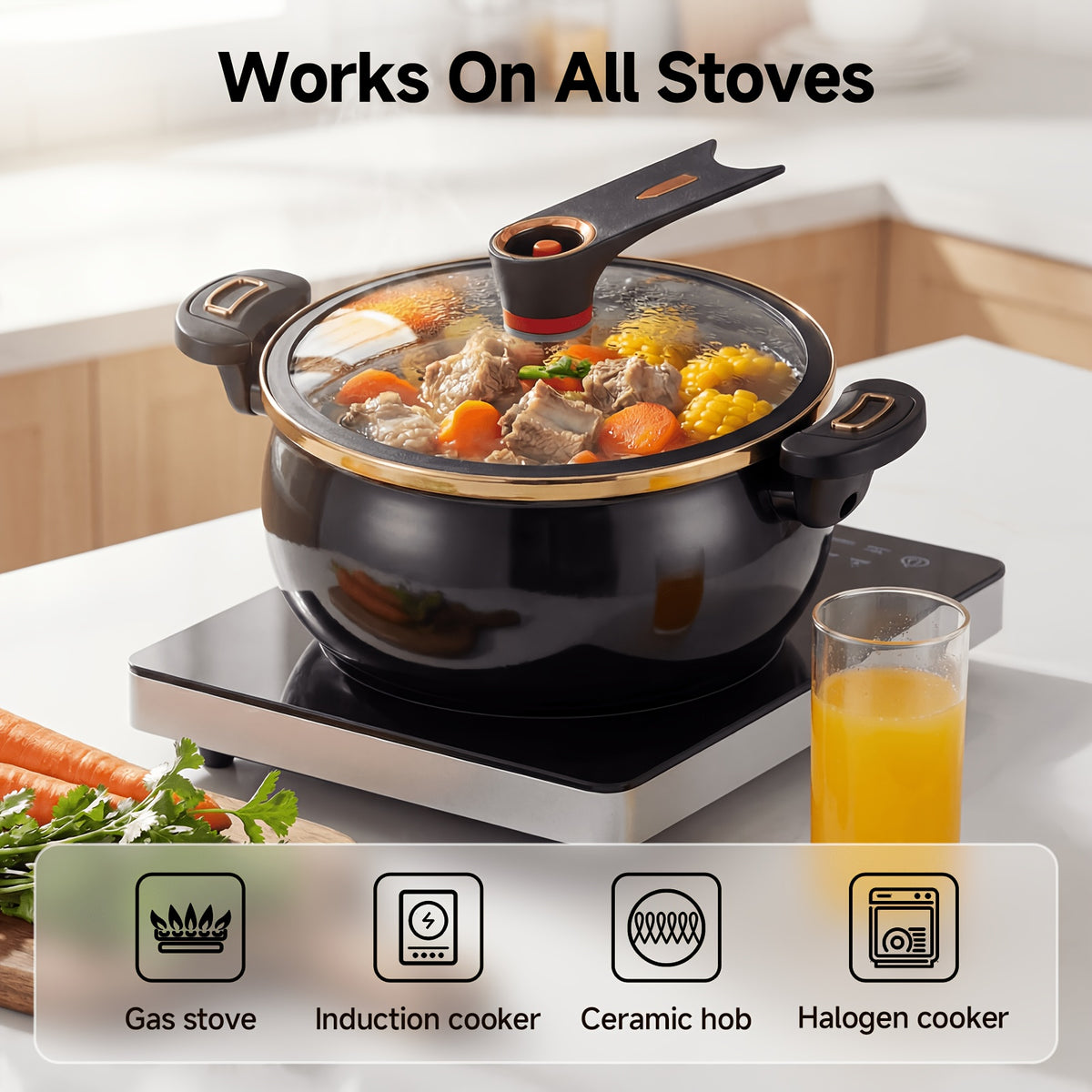 Non-Stick Soup Pot 8.45QT Large Capacity with Twist-Lock Handle Induction Gas Open Fire Universal Stew Pot for Home Restaurant Hotel Black