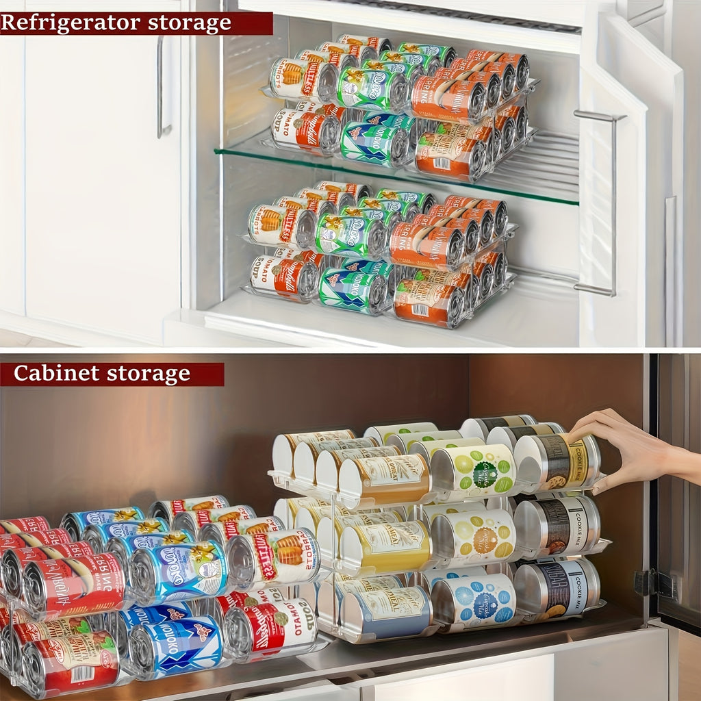 Can Organizer Rack for Fridge & Pantry 3-Tier Stackable Rolling Soda Can Dispenser Clear Plastic Space-Saving Canned Food Storage — 1 or 3 Sets