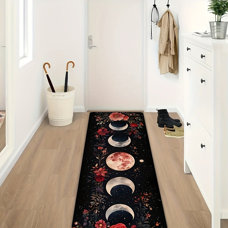 Bohemian Moon Phase Floral Kitchen Rug – Non-Slip Washable Rectangle Area Mat for Bedroom, Living Room, Entryway, Laundry Room & Hardwood Floors, Boho Home Decor, 16x48 & 18x60 Inch
