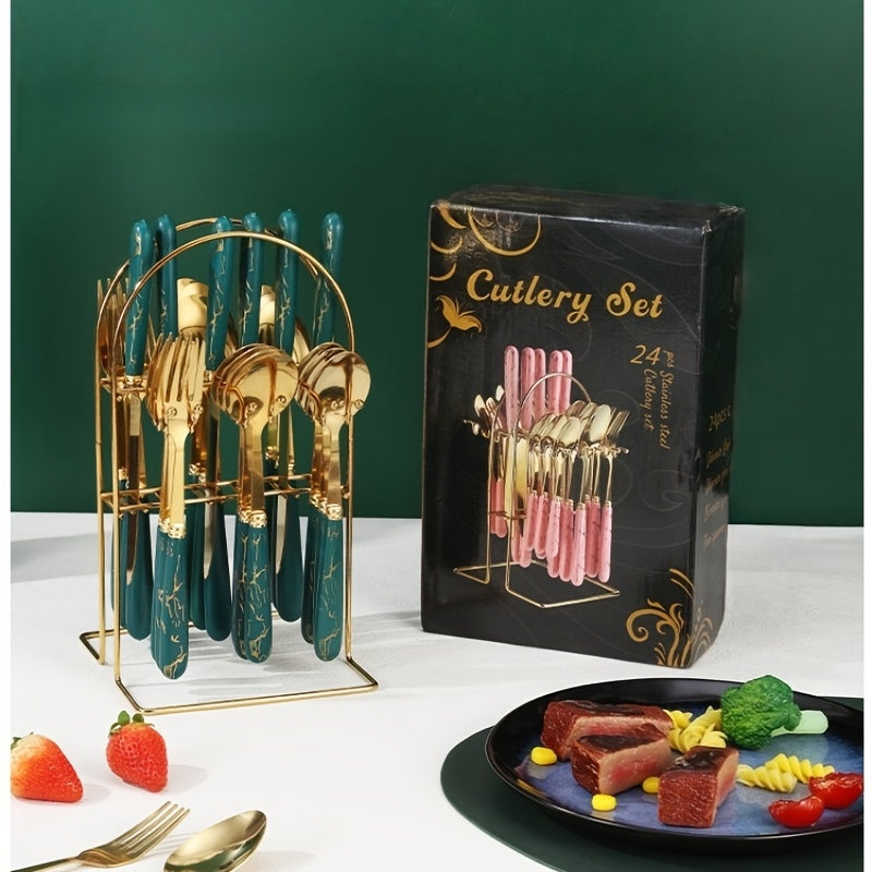 24-Piece Marble Pattern Stainless Steel Flatware Set Western Steak Knife Fork Spoon with Gift Box and Storage Rack