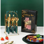 24-Piece Marble Pattern Stainless Steel Flatware Set Western Steak Knife Fork Spoon with Gift Box and Storage Rack