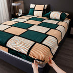 Velvet Fitted Sheet Geometric Checkered Flannel Microfiber Soft Skin-Friendly Machine Washable All-Season Twin Full Queen King Smoke Brown Rock Ash