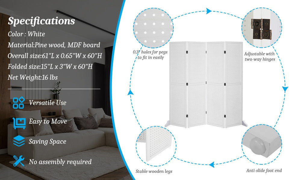 5 FT Freestanding Pegboard Room Divider | Wood Folding Privacy Screen & Display Board Organizer with Support Feet – White, Black, Natural, Grey | Craft Shows, Retail & Home