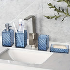Bathroom 4-Piece Plastic Accessory Set – Transparent Diamond Grid Pattern | Soap Dispenser, Toothbrush Holder & More | Grey, Blue, Green