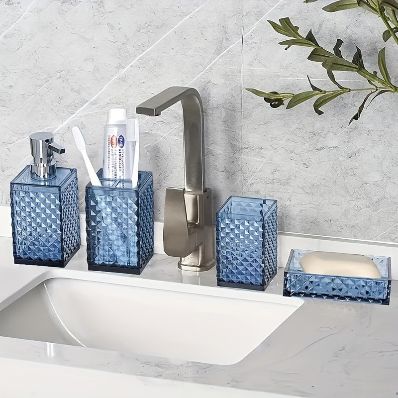 Bathroom 4-Piece Plastic Accessory Set – Transparent Diamond Grid Pattern | Soap Dispenser, Toothbrush Holder & More | Grey, Blue, Green