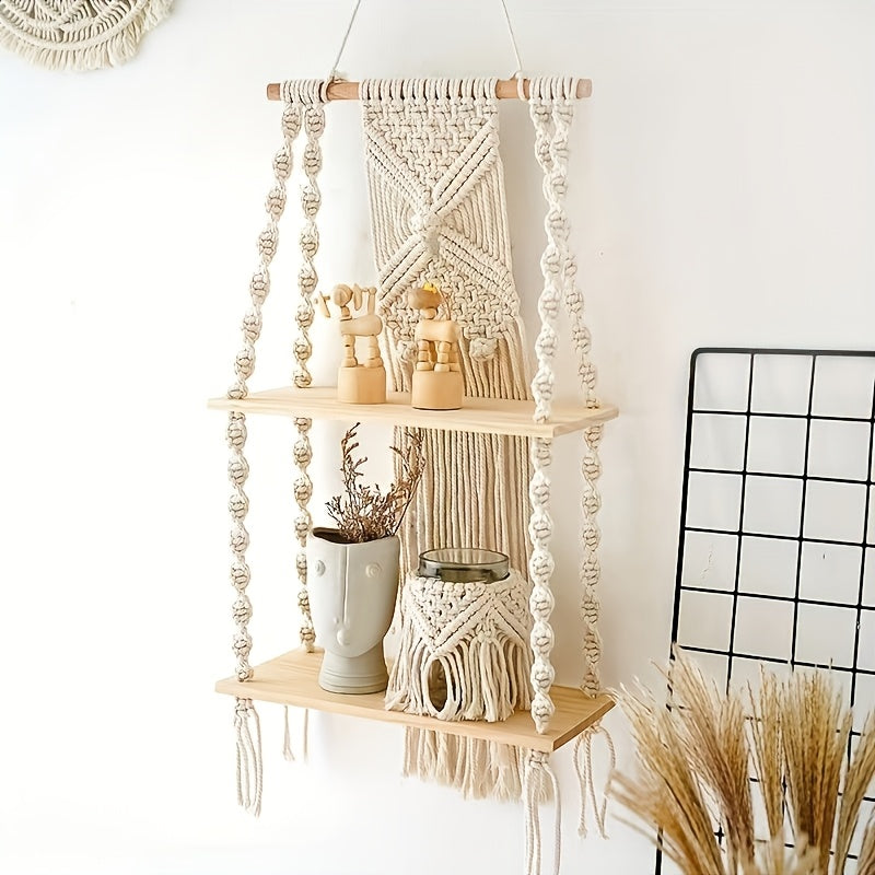 Boho Woven Wall-Mounted Floating Shelf Rack – Handcrafted Macrame Wood Storage Shelf for Bedroom, Bathroom & Bohemian Wall Decor