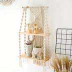 Boho Woven Wall-Mounted Floating Shelf Rack – Handcrafted Macrame Wood Storage Shelf for Bedroom, Bathroom & Bohemian Wall Decor