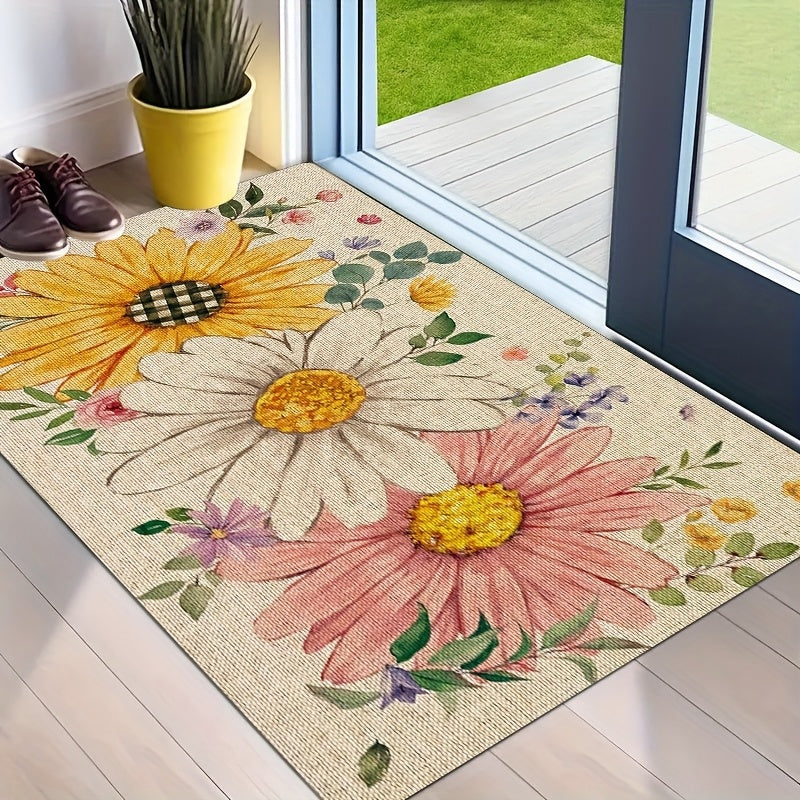 Spring Summer Floral Doormat Sunflower Daisy Welcome Mat Flannel Soft Non-Slip Indoor Floor Mat for Front Door Entryway Home Decoration - Multiple Sizes