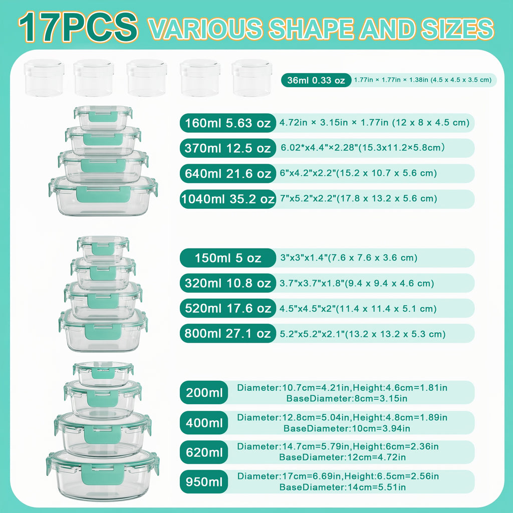 Borosilicate Glass Food Storage Containers Set with Lids – 10/17 Piece Airtight Meal Prep Bento Boxes, BPA Free, Microwave & Dishwasher Safe, Mixed Colors
