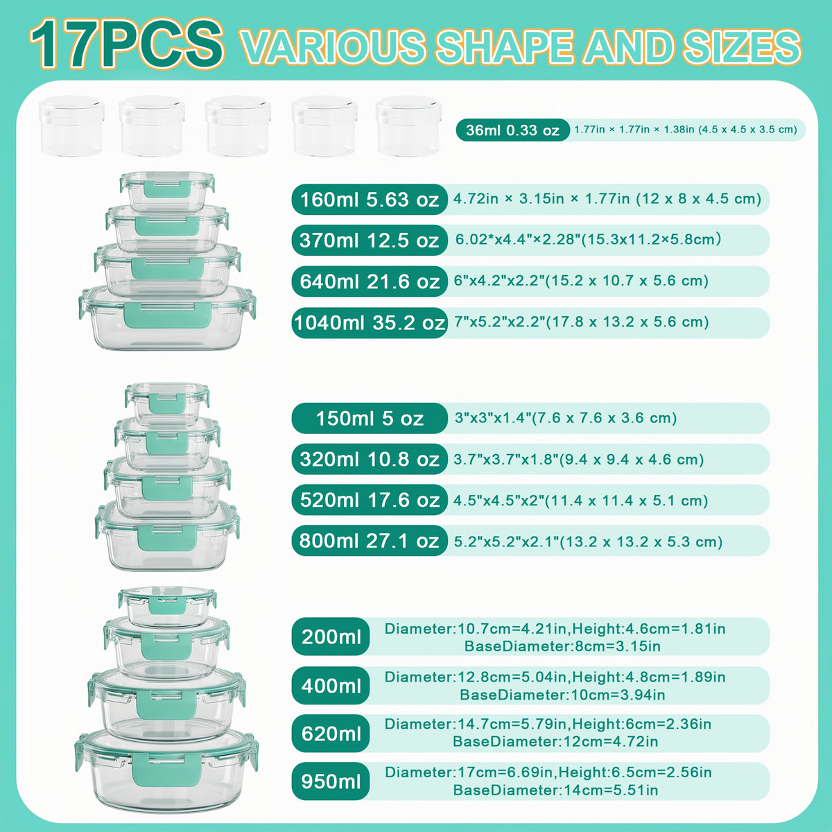 Borosilicate Glass Food Storage Containers Set with Lids – 10/17 Piece Airtight Meal Prep Bento Boxes, BPA Free, Microwave & Dishwasher Safe, Mixed Colors