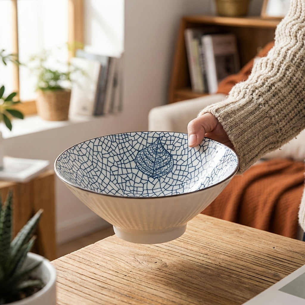 Japanese Ramen Bowls Set of 2 or 4 Ceramic Blue White Leaf Pattern 8 Inch 32oz Noodle Soup Bowl for Pho Ramen Pasta Cereal