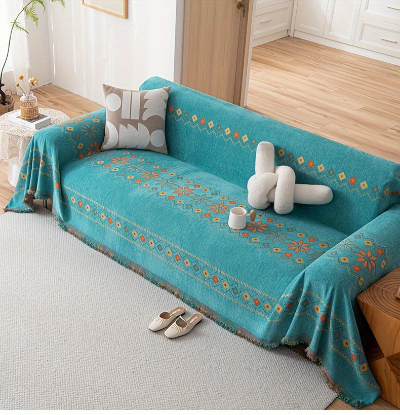 Chenille Boho Sofa Cover with Embroidered Detail – Machine Washable Slipcover for 1 2 3 4 Seater Sectional Couches, Extra Large Sizes, No Padding, 4 Colors