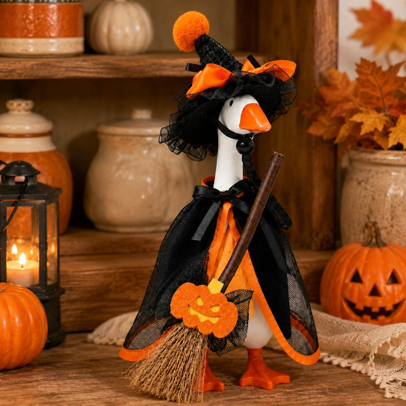 Witch Goose Dress-Up Set 4 Piece – 7-Inch Halloween Goose Statue Costume with Black Mesh Cape, Hat, Lining & Pumpkin Broom | Tabletop Goose Decor Outfit for Indoor & Porch Decoration