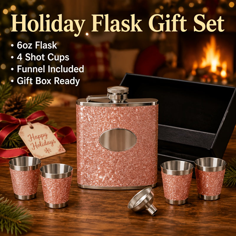 Whiskey Bottle Gift Set with Leather Case for Women – 6oz Stainless Steel Flask, 4 Glasses & Filter, Holiday Christmas Valentine's Day Gift for Girlfriend, Mom & Bar Lovers