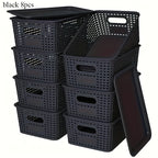Plastic Storage Basket Set of 8 with Lids - Desktop & Shelf Organization Bins for Documents, Office, Home & Bedroom Storage, Multi-Functional Stackable Baskets - Grey, Black & White