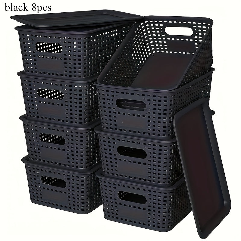 Plastic Storage Basket Set of 8 with Lids - Desktop & Shelf Organization Bins for Documents, Office, Home & Bedroom Storage, Multi-Functional Stackable Baskets - Grey, Black & White