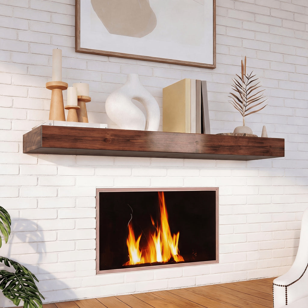 Wood Fireplace Mantel Floating Shelf – Heavy Duty Invisible Bracket | Wall Mounted Mantel for Over Fireplace | 5 Colors, 2 Lengths