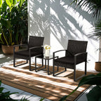 Rattan Bistro Set 3 Piece Outdoor Furniture with Coffee Table Steel Frame Cushions Garden Balcony Poolside Backyard Black Brown Gray