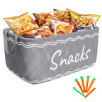 Large Snack Bin Organizer with 5 Chip Clips – Countertop Pantry Snack Basket for Chips, Pretzels, Cookies & Popcorn, Kitchen Organization Shelf Basket