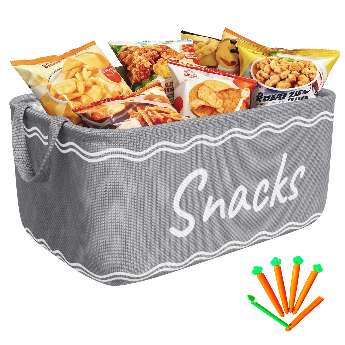 Large Snack Bin Organizer with 5 Chip Clips – Countertop Pantry Snack Basket for Chips, Pretzels, Cookies & Popcorn, Kitchen Organization Shelf Basket
