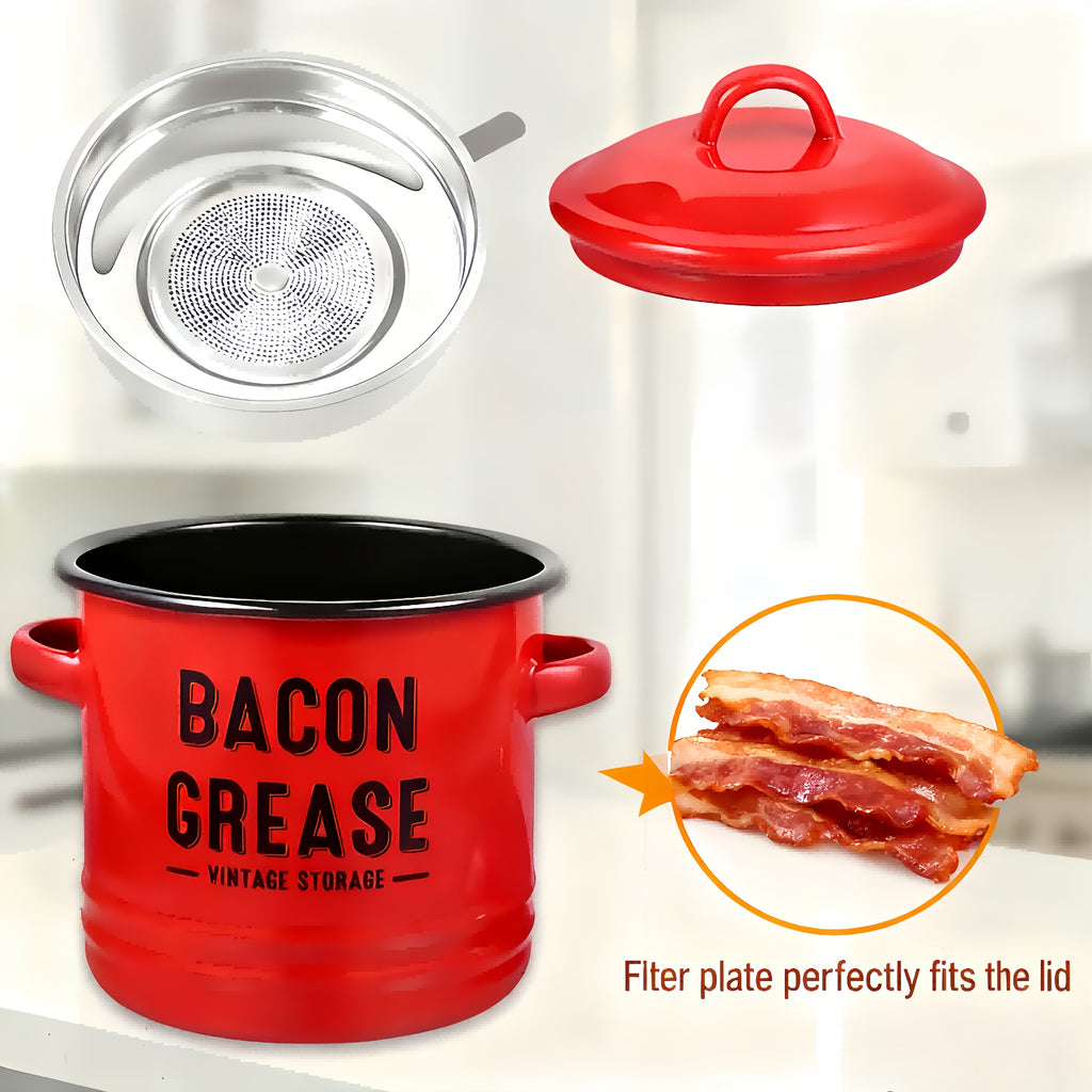 Enamel Cooking Grease Container with Fine-Mesh Strainer – Grease Saver & Oil Keeper with Spatula-Storing Handle, Farmhouse Kitchen Decor (Red or Blue)