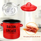 Enamel Cooking Grease Container with Fine-Mesh Strainer – Grease Saver & Oil Keeper with Spatula-Storing Handle, Farmhouse Kitchen Decor (Red or Blue)
