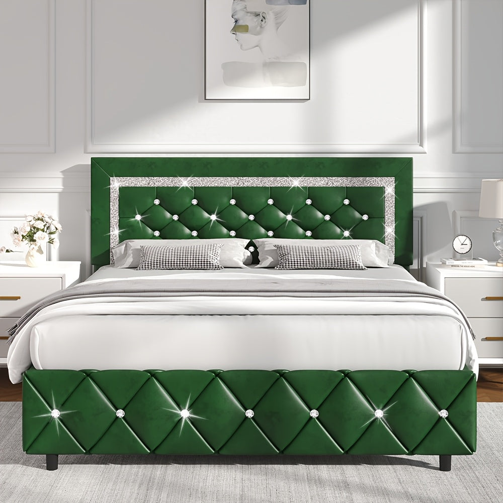 Upholstered Bed Frame with Diamond Tufted Headboard & Footboard – Faux Leather, Wooden Slats, No Box Spring Needed | Twin Full Queen King