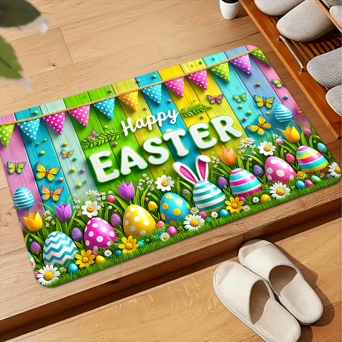 Easter Doormat Flannel Happy Easter Egg Spring Welcome Mat Non-Slip Soft Indoor Outdoor Kitchen Entryway 5 Sizes Including Runner Set