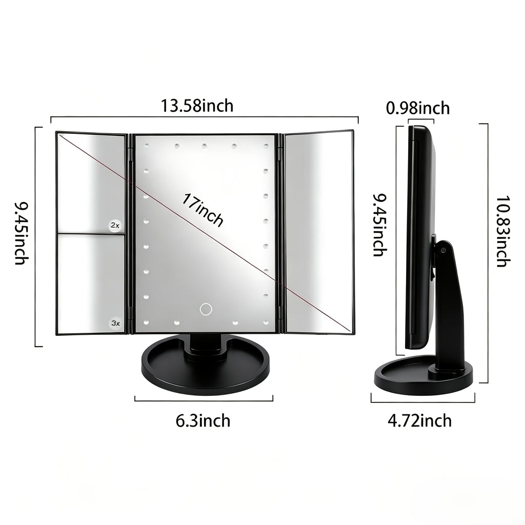 LED Vanity Makeup Mirror Tri-Fold Touch Screen, 1X 2X 3X 10X Magnification, Adjustable Base, USB Powered Lighted Mirror for Desk & Travel – White, Black & Rose Gold