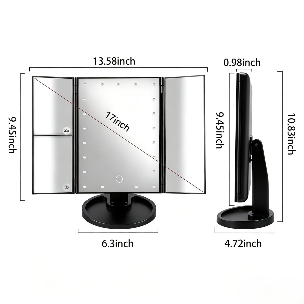 LED Vanity Makeup Mirror Tri-Fold Touch Screen, 1X 2X 3X 10X Magnification, Adjustable Base, USB Powered Lighted Mirror for Desk & Travel – White, Black & Rose Gold