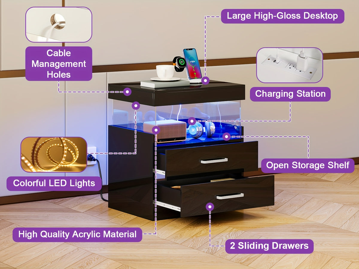 LED Nightstand with Charging Station USB Ports Outlets High Gloss Adjustable LED Lights 2 Storage Drawers Wood End Table Bedroom Living Room White Black 1pc or 2pcs