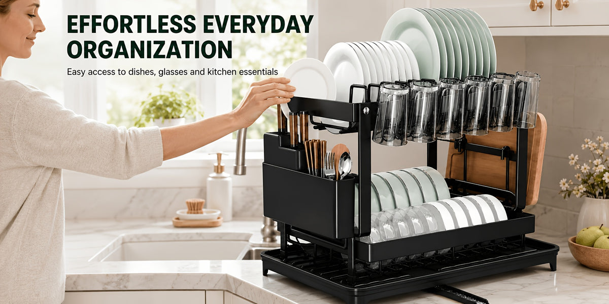 2-Tier Dish Drying Rack with Drainboard – Black Metal Two-Level Dish Drainer with Drainage for Kitchen Counter, Standing Dish Holder Organizer Shelf for Plates, Cups & Utensils