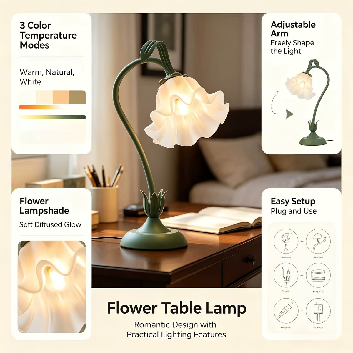 Tulip Flower Shape Table Lamp – Aesthetic Vintage Floral Bedside & Desk Lamp for Bedroom, Dresser & Living Room Home Decor (Bulb Not Included)