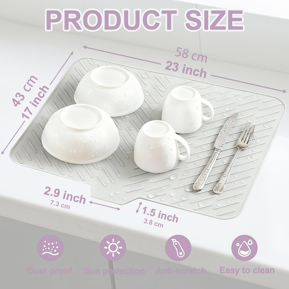 Silicone Dish Drying Mat with Built-In Drain Lip, Large Kitchen Counter Dish Drainer Mat, Easy-Clean 10mm Thick Drainage Pad, Non-Slip & Heat Resistant, Available in Multiple Sizes & Colors