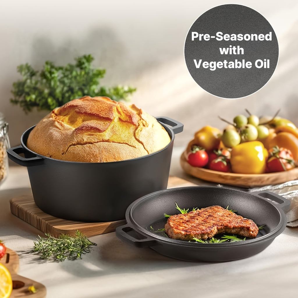 Pre-Seasoned Cast Iron Dutch Oven Set 2-in-1 with Lid, Scraper & Stand – Deep Pot for Camping, BBQ, Bread Baking & Stovetop Cooking
