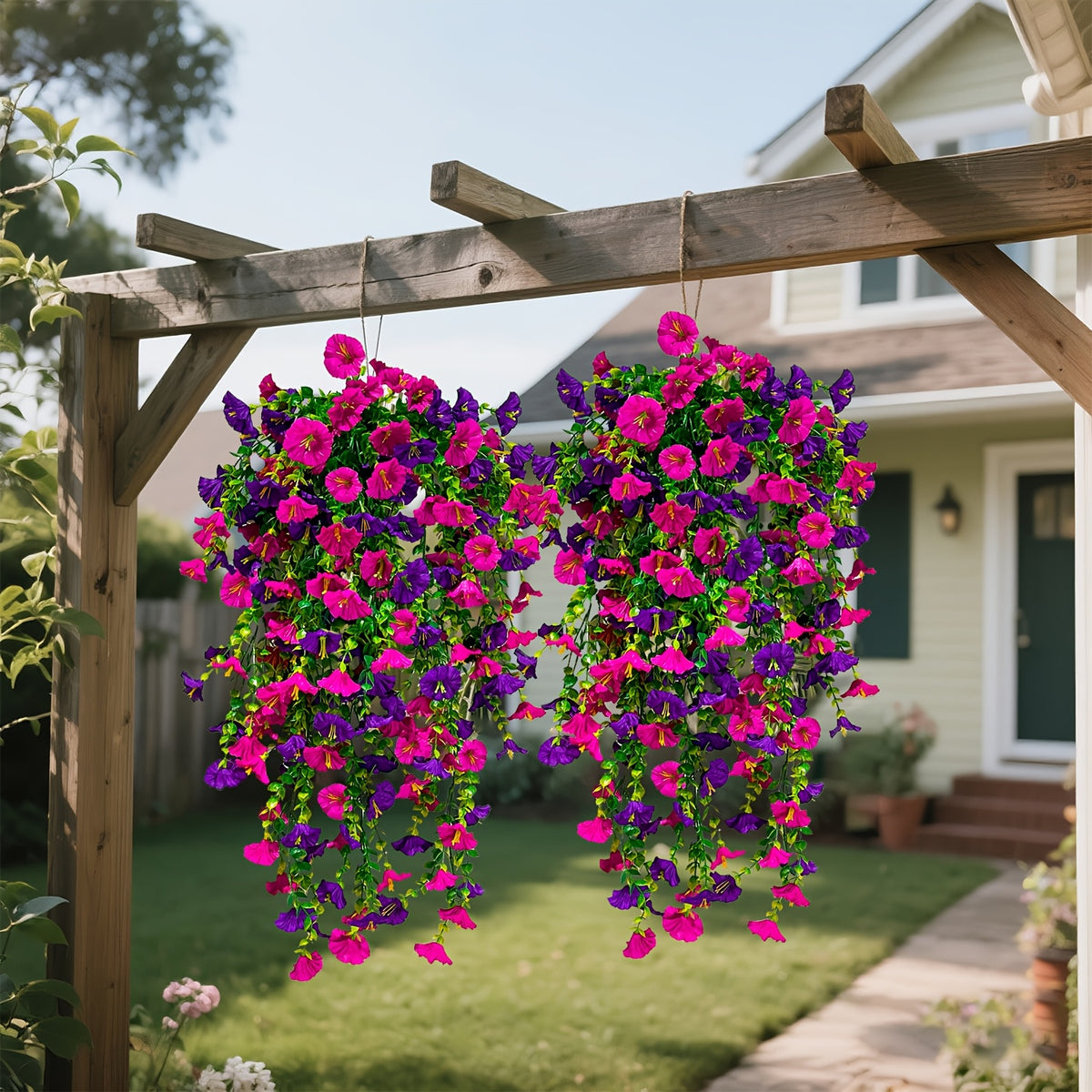 Morning Glory Artificial Hanging Flowers 3pcs with Persian Grass & Eucalyptus – UV-Resistant Faux Floral Bundle in Mix & Fuchsia, Outdoor Home Office Garden Decor, Mother’s Day & Thanksgiving Gift