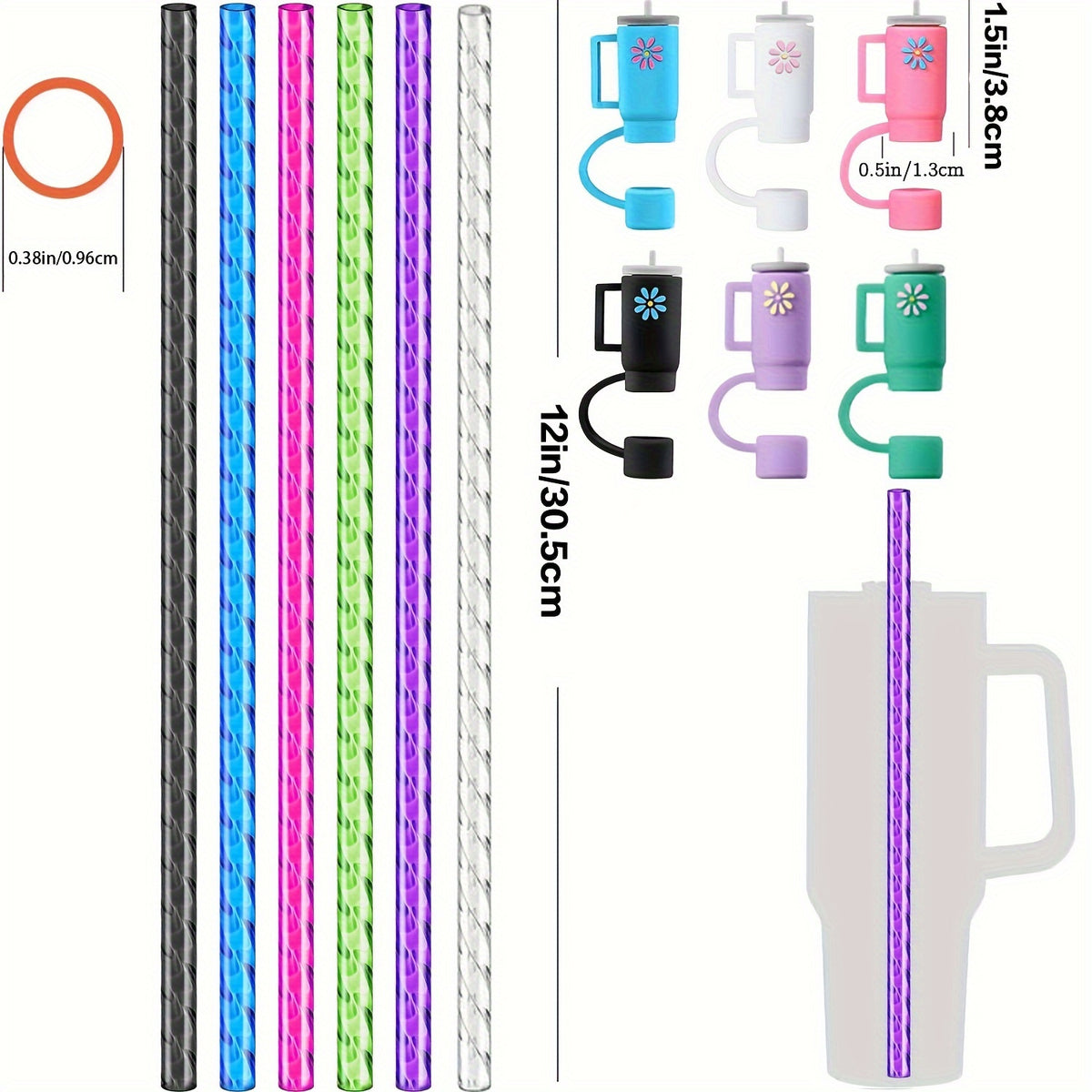 Reusable Spiral Straws Set of 6 with Caps and Cleaning Brush - Food Safe TPU Straws Compatible with 40oz 30oz 20oz Tumblers and Half Gallon Jugs - Eco-Friendly Drinking Straws