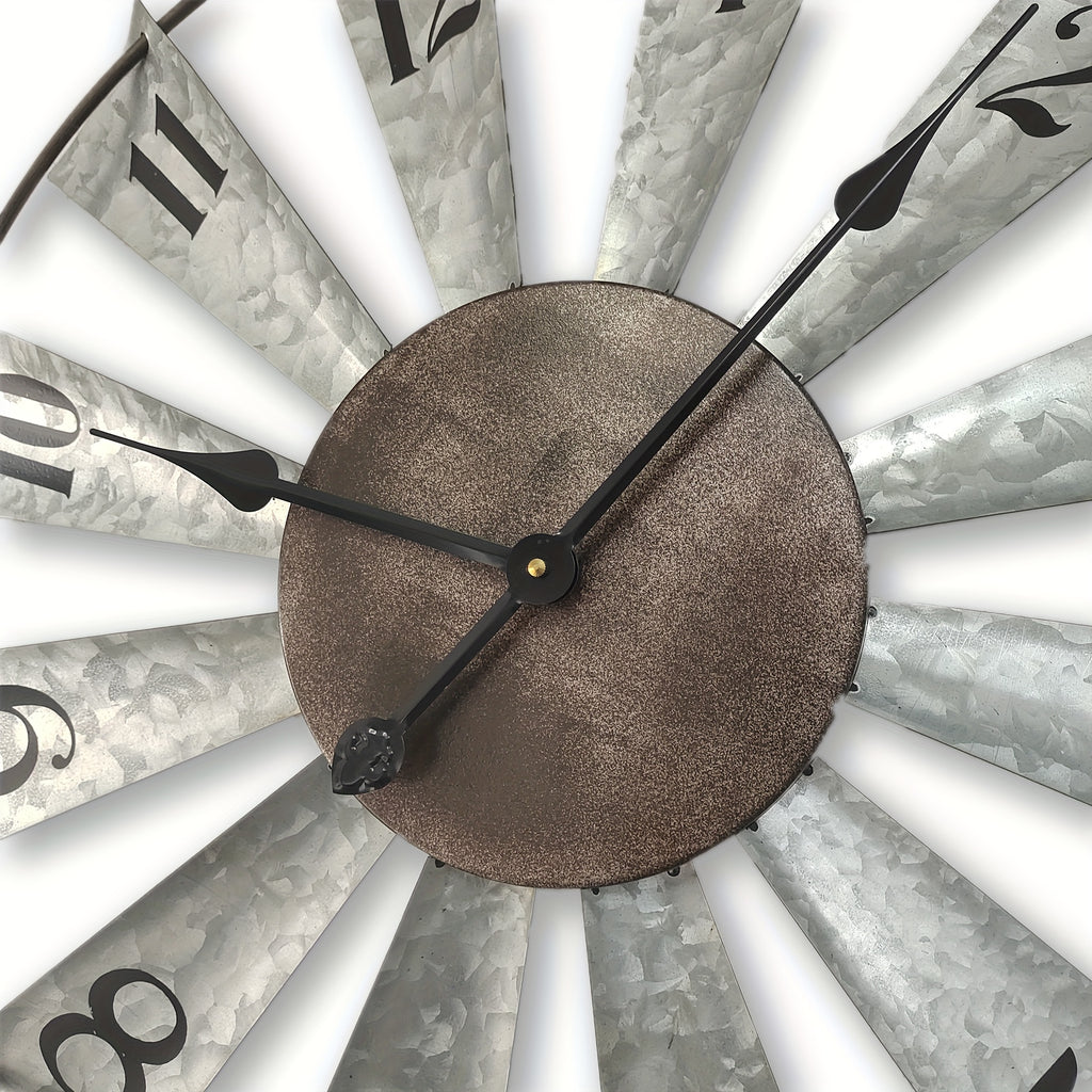 24 Inch Large Farmhouse Wall Clock with 3D Windmill Blades – Vintage Galvanized Metal Analog Clock, Battery Operated Quiet Movement, Home Decor for Living Room, Kitchen, Bedroom & Porch