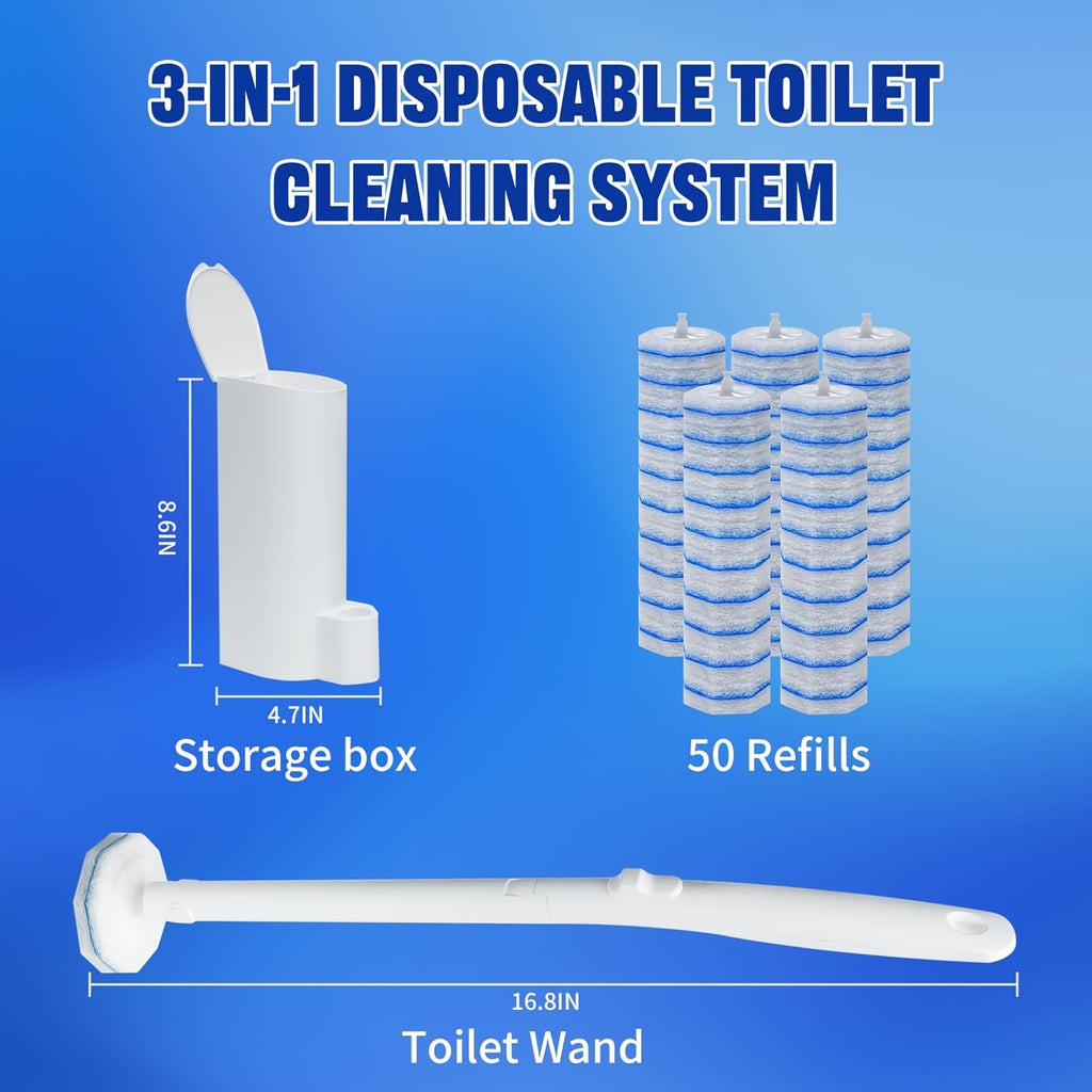 Disposable Toilet Brush Holder Set 50 Refill Heads 1 Wand 1 Wall-Mounted Storage Box Touchless Toilet Bowl Cleaning Kit for Bathroom Sink Bathtub