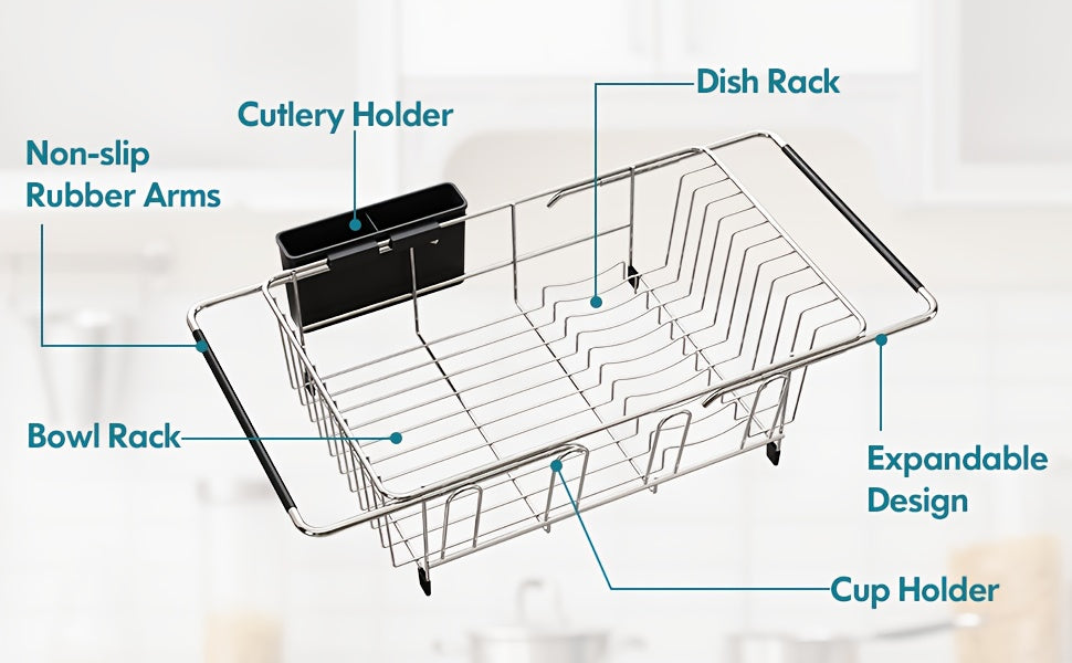 Stainless Steel Over-the-Sink Dish Drying Rack & Colander Strainer Basket with Expandable Grip – Heavy-Duty Sink-Mounted Dish Drainer for Vegetable Washing & Space-Saving Kitchen Organization