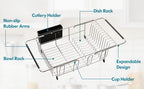 Stainless Steel Over-the-Sink Dish Drying Rack & Colander Strainer Basket with Expandable Grip – Heavy-Duty Sink-Mounted Dish Drainer for Vegetable Washing & Space-Saving Kitchen Organization