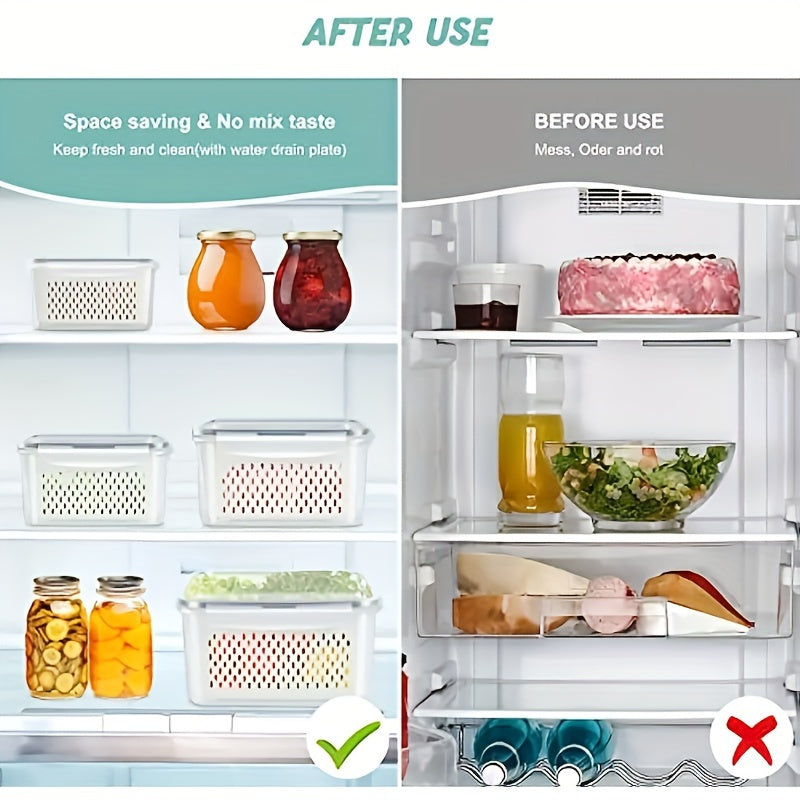 Food Storage Containers Set 6-Piece BPA-Free with Drain Baskets & Lids - Leak-Proof Freezer-Safe Crisper Boxes for Fruits, Vegetables & Meal Prep Leftovers, Reusable Kitchen Organizers
