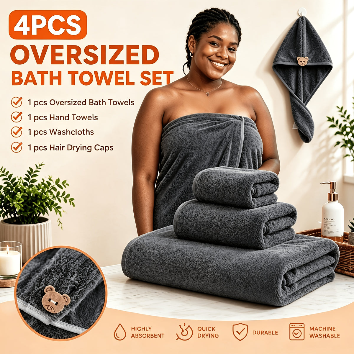 Microfiber Bath Towel Set 4 or 8 Piece – Extra Large 71×35” Ultra-Soft Quick Dry – Includes Bath Towel, Hand Towels, Washcloths & Hair Drying Cap for Bathroom, Hotel & Gym