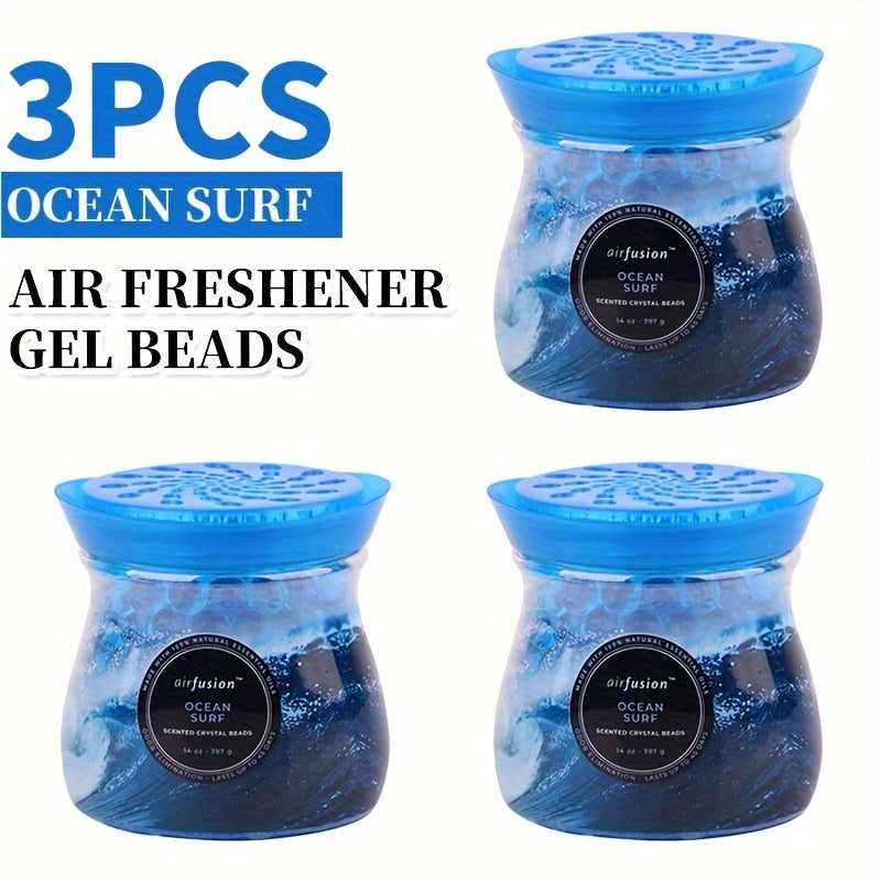 Odor Eliminator Gel Beads Air Freshener 3-Pack 14 oz Each – Essential Oil Formula, Mango Maitai, Cherry Blossom & Ocean Surf Scents for Bathroom, Car, RV & Pet Areas