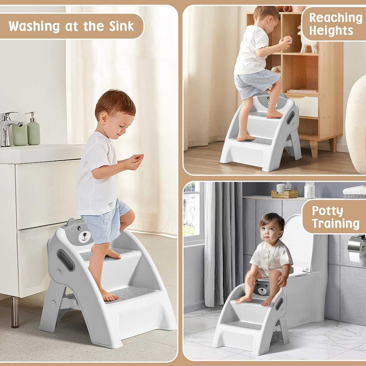 Foldable Kids Step Stool 2-Step with Non-Slip Design & Handle – Multipurpose Toddler Step Stool for Bathroom Sink, Kitchen Counter, Bedroom, Grey Pink Blue
