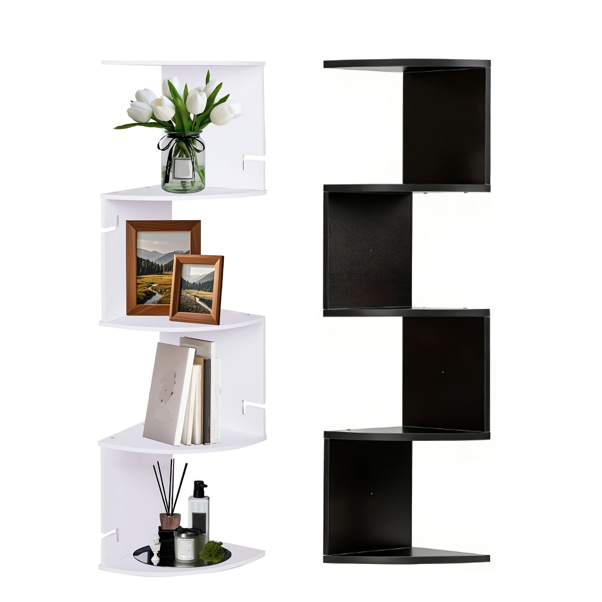 Floating Corner Wall Shelf 3 or 5-Tier, Wall Mounted Storage Rack for Living Room, Bedroom, Kitchen, Bathroom & Office, Easy Install Decorative Corner Shelves, White or Black, 1 or 2 Pieces