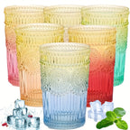 Retro Colored Whiskey Glasses Set of 6 – 14oz Embossed Colorful Tumblers for Whiskey, Cocktails, Juice, Water & Beer – Vintage Muted Glass Drinkware