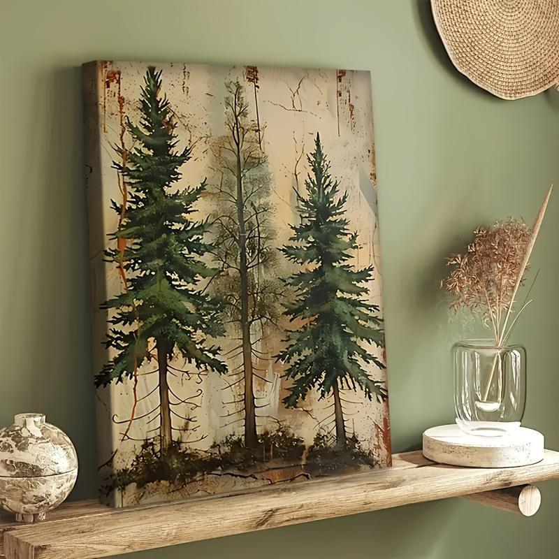 Large Framed Abstract Pine Tree Canvas Wall Art Orange Bohemian Wood Frame – Modern Country Farmhouse Decor for Living Room Office Bedroom, Ready to Hang Large Wall Art